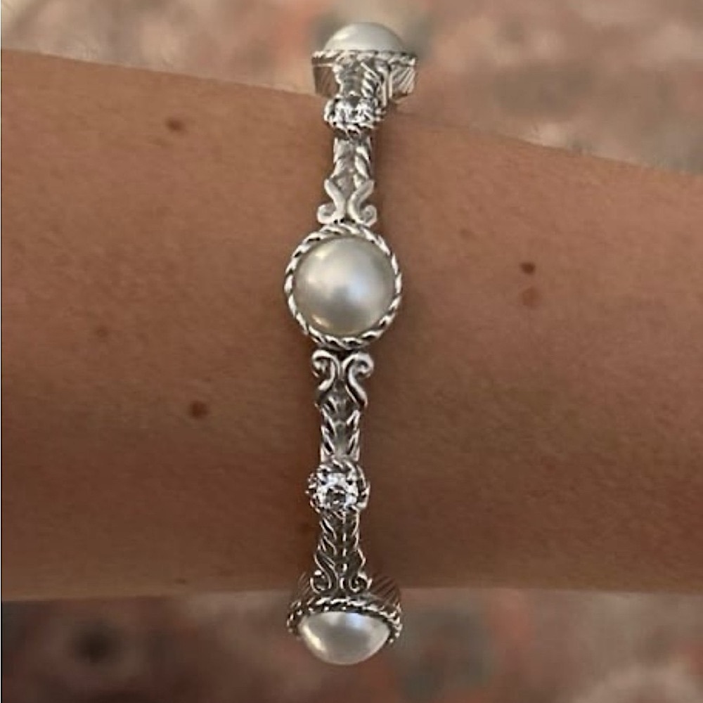 Exquisite Judith Ripka Sterling Silver, White Pearl, Diamonique Cuff